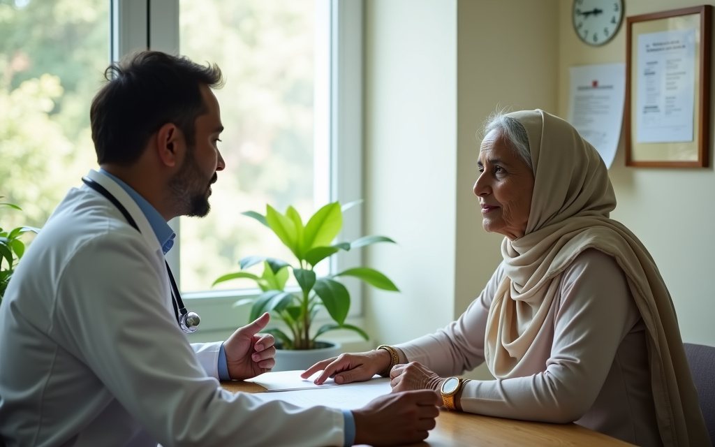 A male doctor in a white coat with a stethoscope talking with a middle-aged woman patient across a desk in a calm clinic consultation room