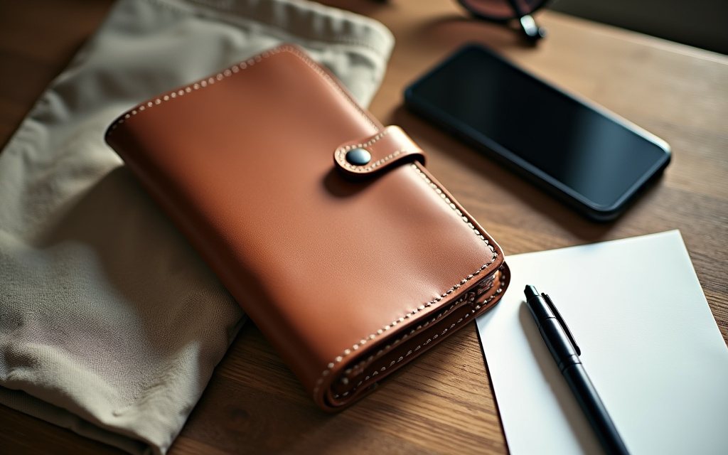 Travel essentials on a wooden table including a brown leather document wallet, a small pouch, a phone lying face down and sunglasses