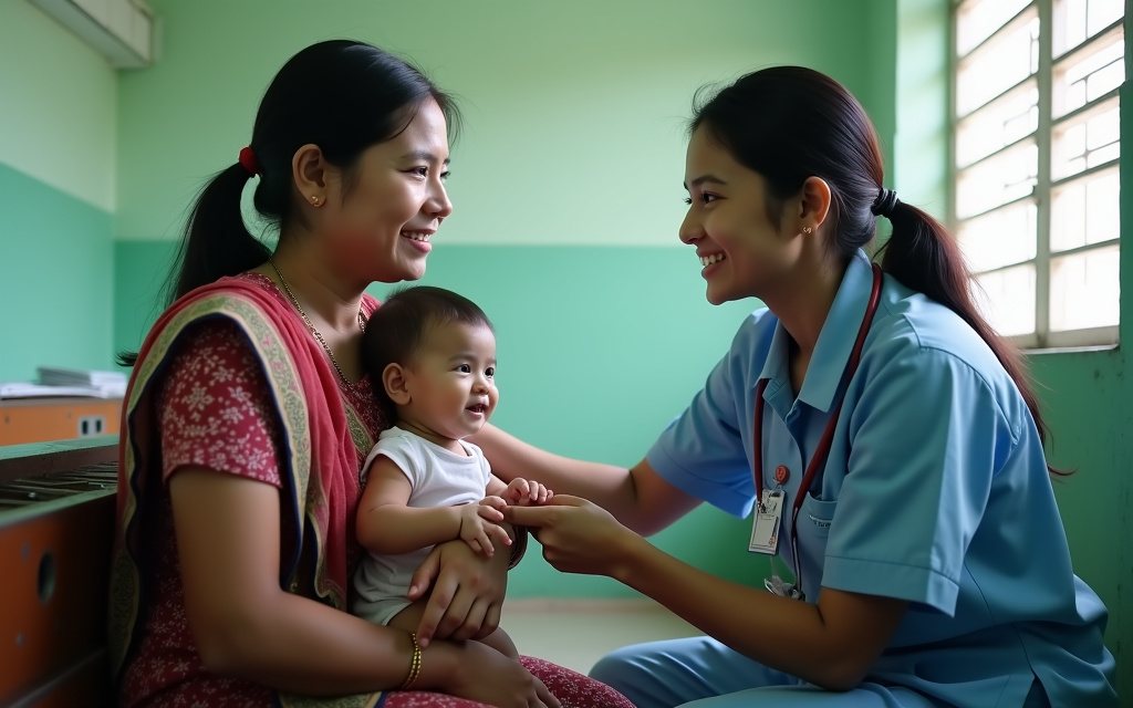 Female health worker in a light blue uniform talking with a mother holding her baby in a bright community clinic