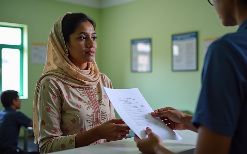 A Bangladeshi woman at the reception counter of a local health office showing a folder of papers to a staff member in a plain, sign-free office in daylight