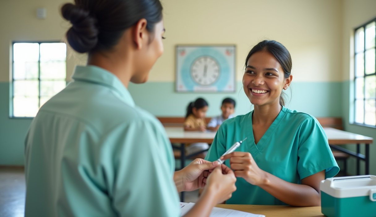 Smiling nurse in a teal uniform preparing a vaccine syringe at a table in a bright community health clinic, with children waiting in the background