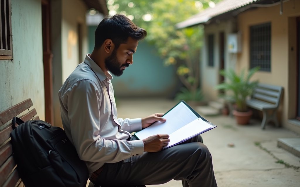 Young Bangladeshi man sitting on a bench in a home courtyard, sorting papers into a clear plastic document folder beside a small backpack in early morning light