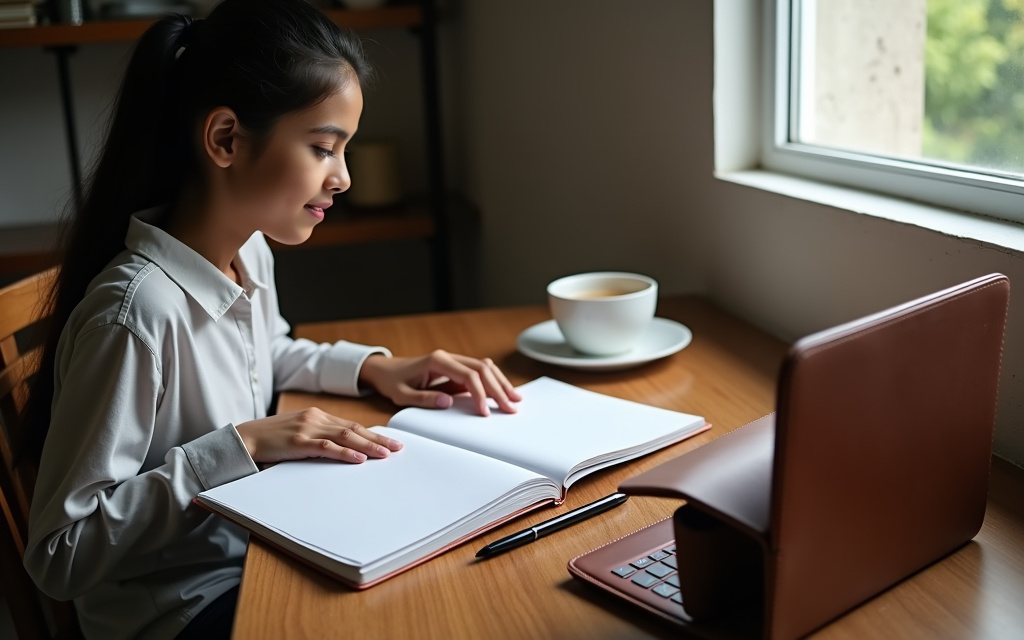 Young Bangladeshi student at a wooden desk by a window with an open blank notebook, a pen, a cup of tea and a laptop in a brown leather case