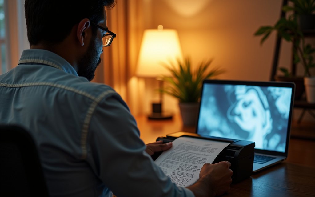 Bangladeshi man at a home desk collecting a page from a small printer, with a laptop showing a blurred screen under a warm evening lamp