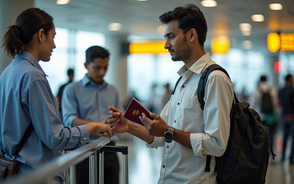 Bangladeshi traveller in a light shirt handing his passport to an airline agent at a busy Dhaka airport check-in counter, with a luggage trolley beside him