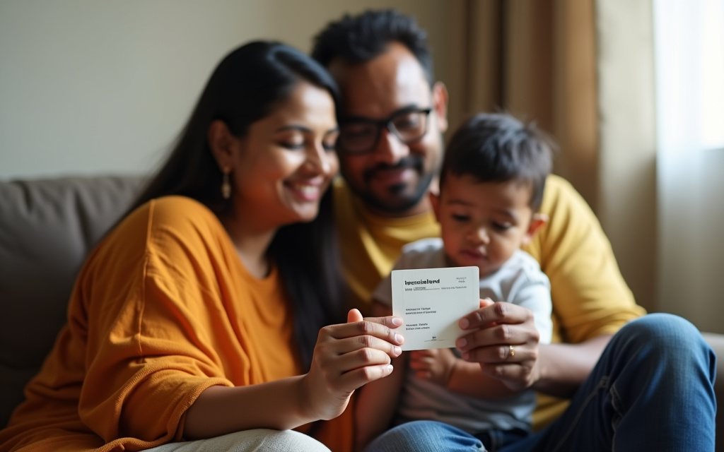 Bangladeshi mother and father on a sofa at home looking at a small paper vaccination card, with their toddler sitting on the father's lap